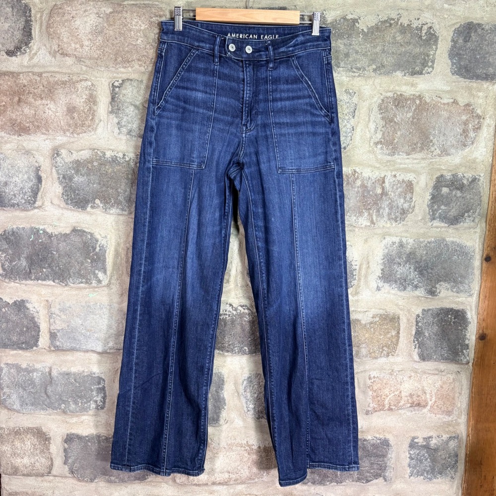 American Eagle Super High-Rise Baggy Wide Leg Jeans Dark Wash Patch Pocket 6 R